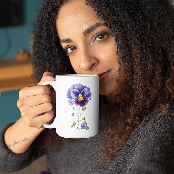 Pansy Design Ceramic Cup, Personalized Name Flower Themed Mug, Custom Coffee Cup For Pansy Flower Lover, Customized Floral Accent Mug 11oz 15oz, Pansy Cup Gift For Daughter