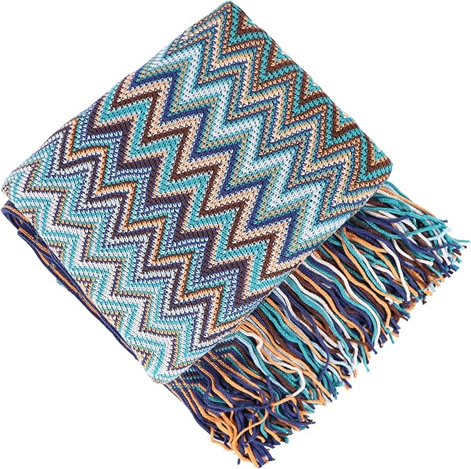 Boho Throw Blanket - Bohemian Fringe Tassels, for Bed Couch Soft ChairBlanket Double Sided (50"x70") (Blue)