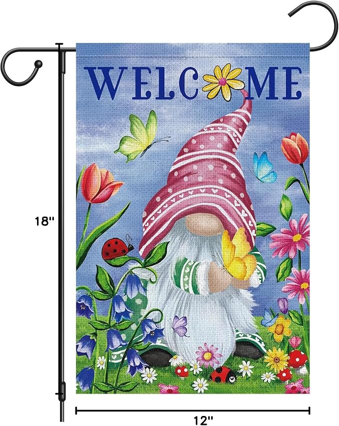 Welcome Spring Gnome Garden Flag 12x18 Double Sided Burlap Butterfly Floral Garden Yard Flags for Spring Summer Rustic Seasonal Outside Outdoor House Decoration (ONLY FLAG)