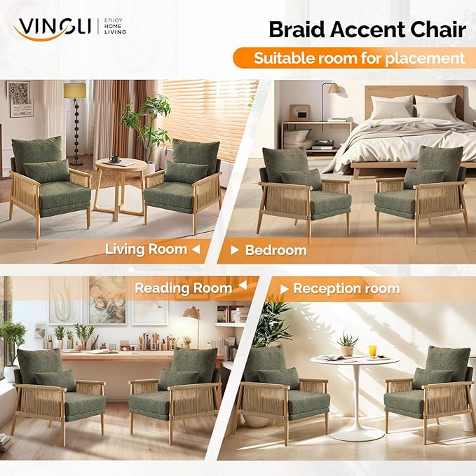 VINGLI Boho Braid Accent Armchairs Set of 2,Mid-Century Modern Chiars with Solid Wooden Armrest,Comfy Louge Cushion Chairs with Waist Pillow for Bedroom,Living Room,Reading Room, Dark Green