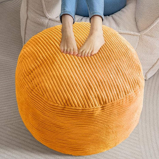 HIGOGOGO Round Stuffed Pouf Ottoman, Corduroy Poufs with Foam Chunk Filling, Furry and Fluffy Pouf Foot Stool Storage Ottoman, 26 X 18 Floor Poufs Foot Rest for Living Room, Orange