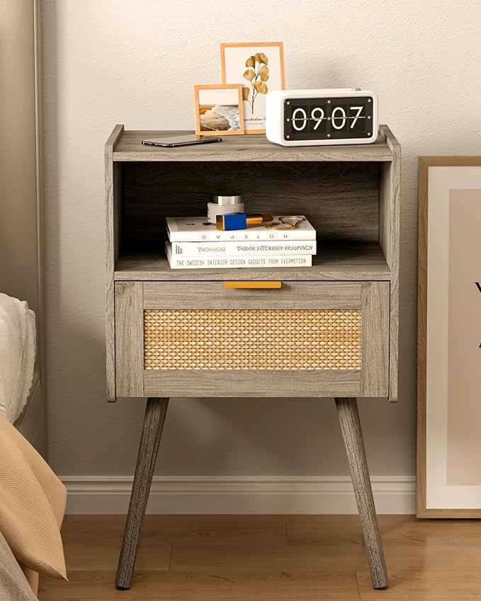 Rattan Nightstand,Modern Bedside Table with Storage Drawer and Open Wood Shelf, for Living Room, Bedroom and Small Spaces, Accent Night Stand with Solid Wood Legs, Easy Assembly(Grey Oak)