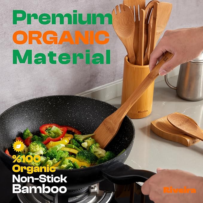 Riveira Dark Bamboo Wooden Spoons for Cooking 6-Piece, Apartment Essentials Wood Spatula Spoon Nonstick Kitchen Utensil Set Premium Quality Housewarming Gifts for Everyday Use