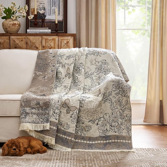 jinchan Boho Floral 100% Cotton Blanket 4-Layer Throw Blanket with Tassel Grey and White Flower Butterfly Soft Luxury Rustic Farmhouse Decor Blanket for Couch Bed 60x80 inch All Season Gift for Women