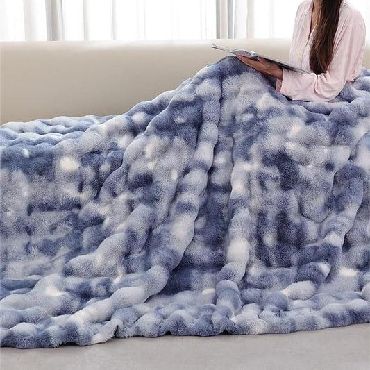 Tie-dye Blue Twin Cozy Faux Fur Blanket for Couch Bed Living Room 60x80 Furry Soft Fluffy Thick Warm Throw Blanket for Winter Home Gifts 860 GSM