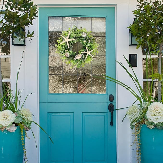 6 Pcs Shell Starfish Swag Wreath Summer Wreaths for Kitchen Cabinet Mini Artificial Rustic Farmhouse Wreaths with Ribbon for Pillar Front Door Porch Wall Window Farmhouse Decoration