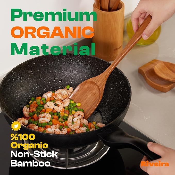 Riveira Brown Bamboo Wooden Spoons for Cooking Set of 6 – Natural Brown Bamboo Wooden Cooking Utensils, Wooden Spatula, Wooden Spoon - Premium Quality Wooden Utensil Set for Non-Toxic Cooking