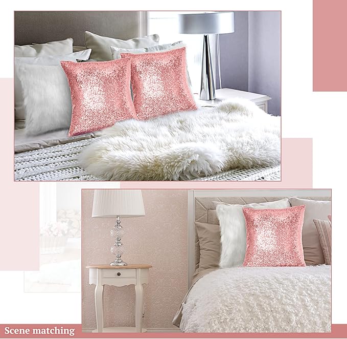 Irenare 4 Pcs Sequin and Fluffy Pillow Covers Winter Throw Pillow Cases Soft Cushion Cover for Couch Bed Sofa Xmas Day(18 x 18 Inch,Pink, White)