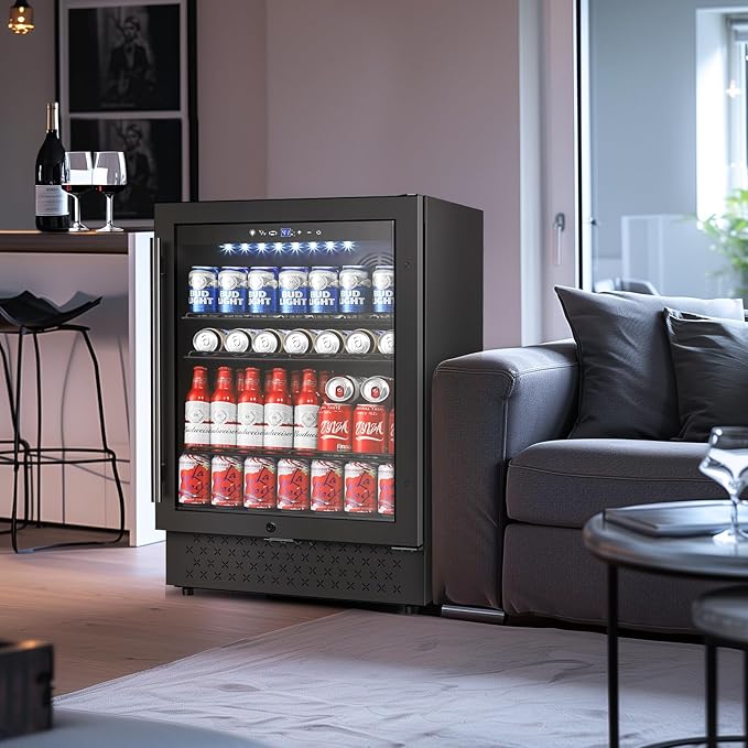 Tylza Beverage Refrigerator 24 Inch, Under Counter/Freestanding Drink Fridge, 190 Cans Beverage Cooler with Glass Door, Reversible Door, Low Noise, Quick Cooling - for Beer, Soda, ETC, Black