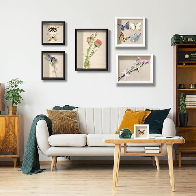 5x5 Small Shadow Box Picture Frame Display Case with Soft Linen Back, White Wooden Memory Shadow Box Frame with Tempered Glass Cover for Wall or Tabletop Display