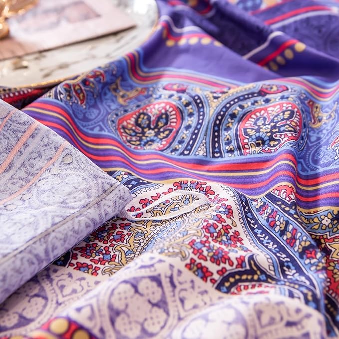 ABREEZE Bohemian Vintage Cal.King Size Floral Cotton Bedding Set 3Pcs Duvet Cover Set Boho Purple Paisley 100% Egyptian Brushed Cotton Reversible Home Bedding Collection