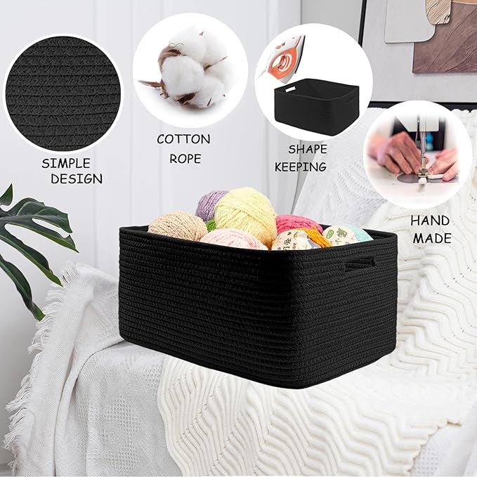 COMFY-HOMI Cotton Rope Woven Basket with Handles for Shelves,Toys,Book, Cloth Storage Baskets for Organizing-17" x 13" x 7.5" Toy Decorative Organizer for Living Room, Bathroom (all black)