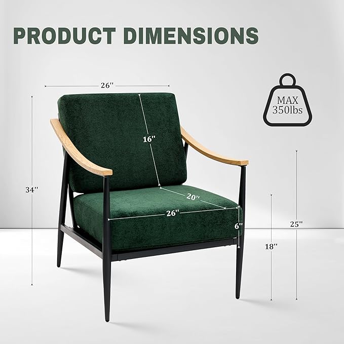 Modern Accent Chair for Living Room Bedroom Mid Century Arm Chair Upholstered Office Accent Chair Comfy Waiting Room Chair with Metal Frame, Green