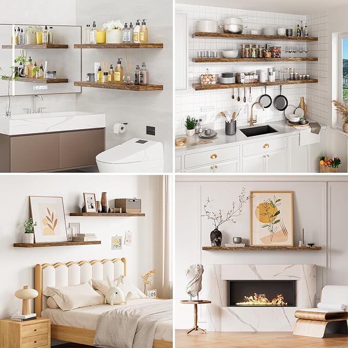 Floating Shelves for Wall 48 Inches Long,9.3" Deep Rustic Brown Floating Shelf Set of 2,Wall Mounted Wood Shelves for Bathroom Bedroom Living Room Kitchen Office,Shelf for Books Storage Room Decor