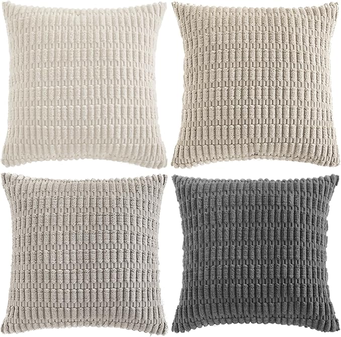 Fancy Homi Set of 4 Grey and White Boho Decorative Throw Pillow Covers 28x28 Inch for Couch Bed Sofa, Aesthetic Modern Bohemian Room Decor, Fuzzy Fluffy Cozy Corduroy Textured Cushion Case 71x71cm