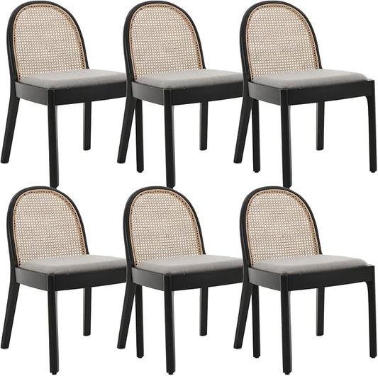 Mid Century Dining Chairs Set of 6, Accent Rattan Side Chairs Linen Fabric Kitchen Chair with Solid Wooden Legs for Living Room Dining Room, Grey