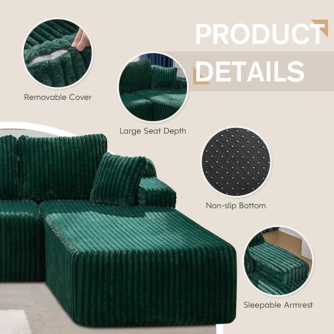 Hobestluk Modular Sectional Sofa Couches 108" L-Shape Couch 3 Seat Modular Sofa Memory Foam Sectional Couches for Living Room, Boneless Couch with Oversized Chaise (Green, Right Facing)