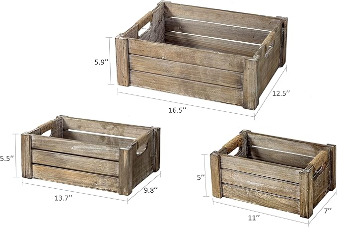 TIMRIS Set of 3 Rustic Wood Nesting Crates, Farmhouse Wooden Storage Container Boxes with Cutout Handles, Decorative Wooden Baskets for Display (Rustic Gray)