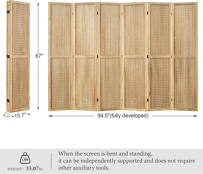 Room Divider Freestanding Folding Pegboard Privacy Screen | 6-Panel Display Stand for Jewelry, Craft Shows, Retail | Natural Wood, Portable & Space-Saving Design