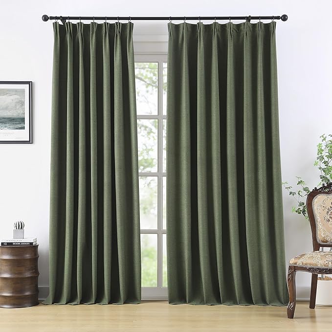 RAIN CITY Extra Wide Linen Blackout Curtains & Drapes with Hooks 70 in Width for 60&72 Inch Window 2 Panels,Back Tab Pleated Curtains for Track System Sliding Glass Door 70x96,Loden Olive Green