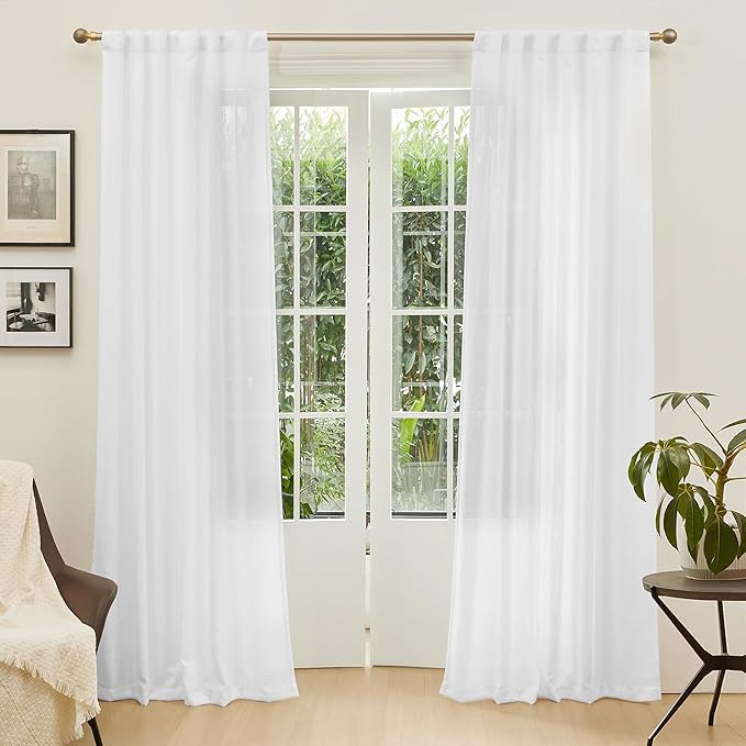 MYSKY HOME White Curtains 84 Inch Length 2 Panels Set, Semi Sheer Cotton Blend Soft Touch Light Filtering Drapes for Doorways Sliding Glass Door, 50" Wide per Panel, White, 2 PCs