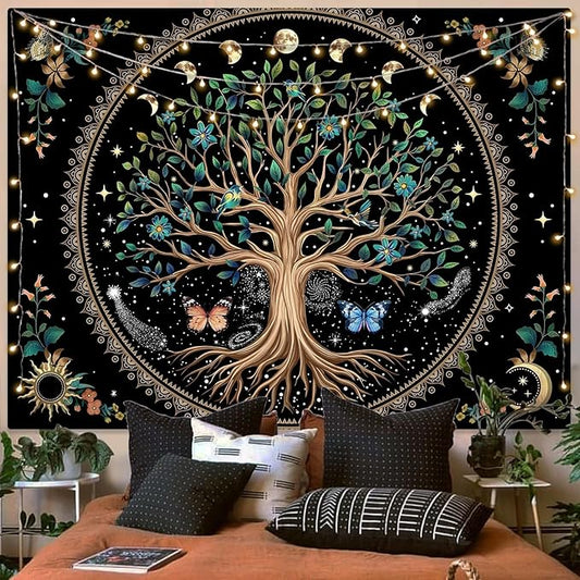 Lunerfex Tree of Life Tapastry Sun and Moon Tapastry Flower Boho Tree Mandala Wall Hanging for Bedroom and Living Room Decor Green Tree 44×60 Inches