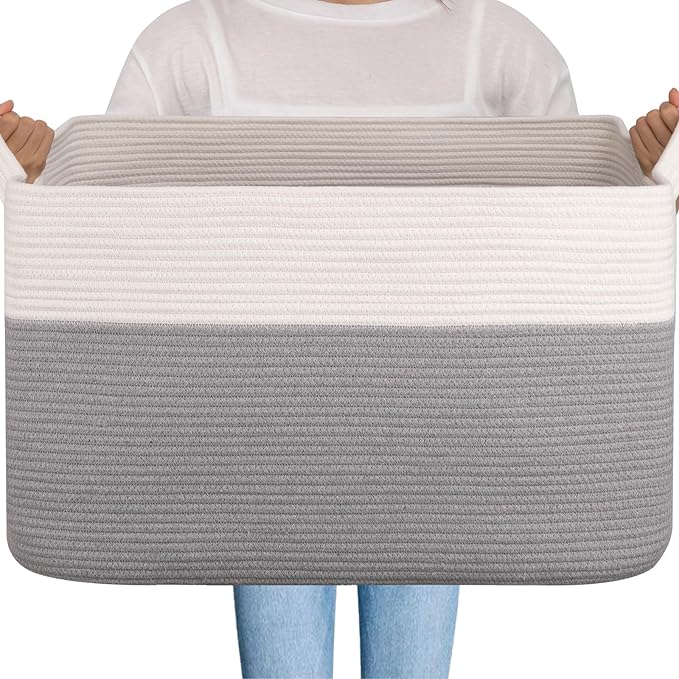 OIAHOMY 95L Blanket Basket, 24”x17”x14”, Large Woven Baskets for Storage, Nursery Cotton Rope Basket with Handle, Living Room, Nursery, Bedroom,Toy Baskets Organizer Bins, Grey & White