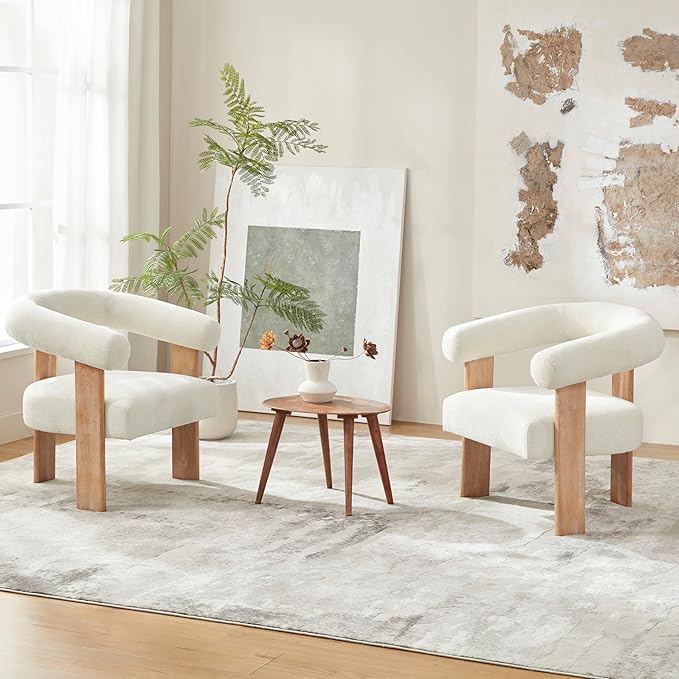 VKNOW Accent Chairs Set of 2, Modern Upholstered Living Room Chair Armchair with Solid Wood Legs, Comfy Barrel Arm Chairs for Living Room Bedroom, Cream