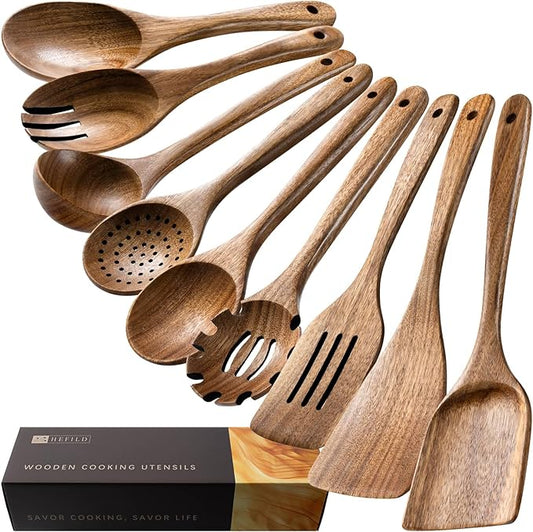 Wooden Spoons for Cooking, Nonstick Cooking Utensil Set with 9 Piece Acacia Wooden Spatulas and Spoons for Cooking, Terrific for Everyday Kitchen Tasks