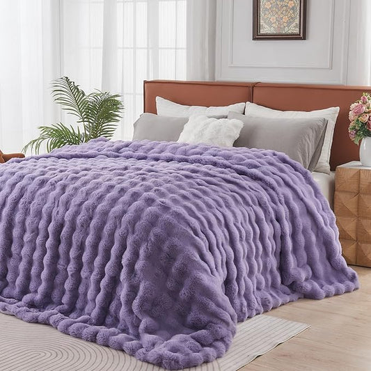 Lotus Karen Faux Fur Throw Blanket Purple - Big Bubble Rabbit Fluff King Blankets for The Bed,Softest Fluffy Fuzzy Cozy Blanket,Thick Furry Plush Shaggy Warm Blankets for Women,108x90 Inches
