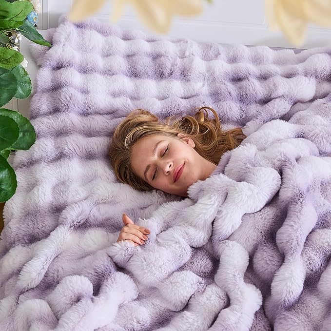 Lotus Karen Faux Fur Throw Blanket Tie-Dye Purple-Big Bubble Rabbit Fluff Blanket for Couch,Small Fluffy Fuzzy Cozy Blanket,Thick Furry Plush Shaggy Blankets,50x60 Inches