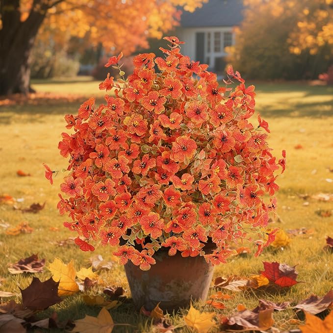 Set of 4 Artificial Fall Topiary Ball Flowers for Outdoor Decoration with Spike 20", UV Resistant Fake Autumn Floral Shrubs, Realistic Faux Bushes Plants for Garden,Yard,Porch and Patio Decor