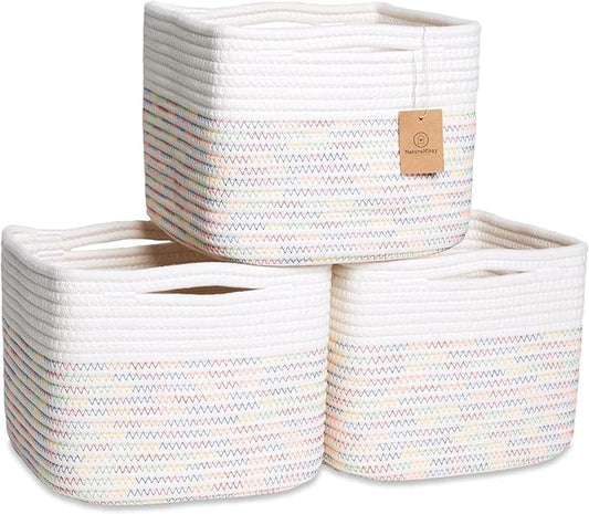 NaturalCozy Storage Cubes 9”x9”x7”Cotton Rope Woven Baskets for Organizing 3-Pack | 9 Inch Cube Storage Bin | Small Basket for Shelf Nursery, Pantry, Decorative Plant, Bathroom Closet, Toy Gift