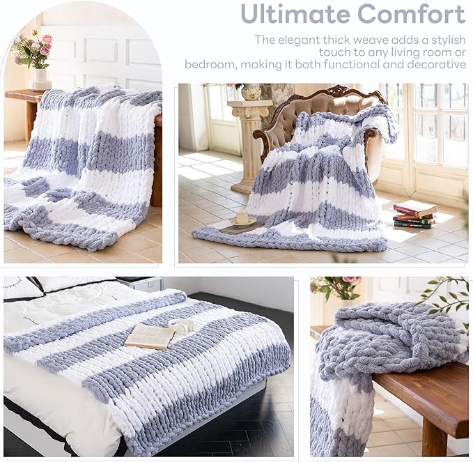 Chunky Knit Blanket - Luxury Soft Cozy 50 * 60 Throw Blanket,100% Woven Blanket Rope Knot Throw Blanket for Couch, Sofa, Home Decor, Gift - Machine Washable(White/Light Gray)