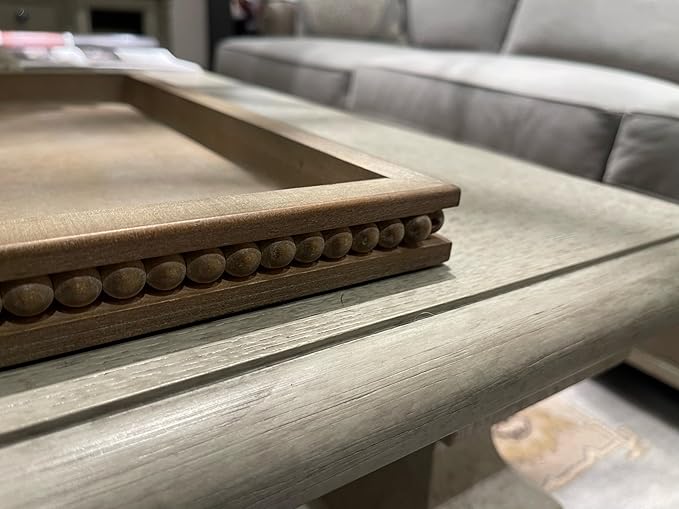 Wood Decorative Tray-Vitage Brown Washed Bead Tray for Coffee Table Wooden Serving Trays Ottoman Tray for Living Room Candle Holder Home Organizer Farmhouse Home Decor (Rectangular)