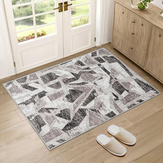 Modern Abstract Door Mat Indoor Entrance 2X3 Front Porch Area Rug Washable, Non-Slip Small Grey Rugs for Entryway Bathroom Ultra-Thin, Throw Carpet for Kitchen Bedroom Nursery Kids Print Faux Wool