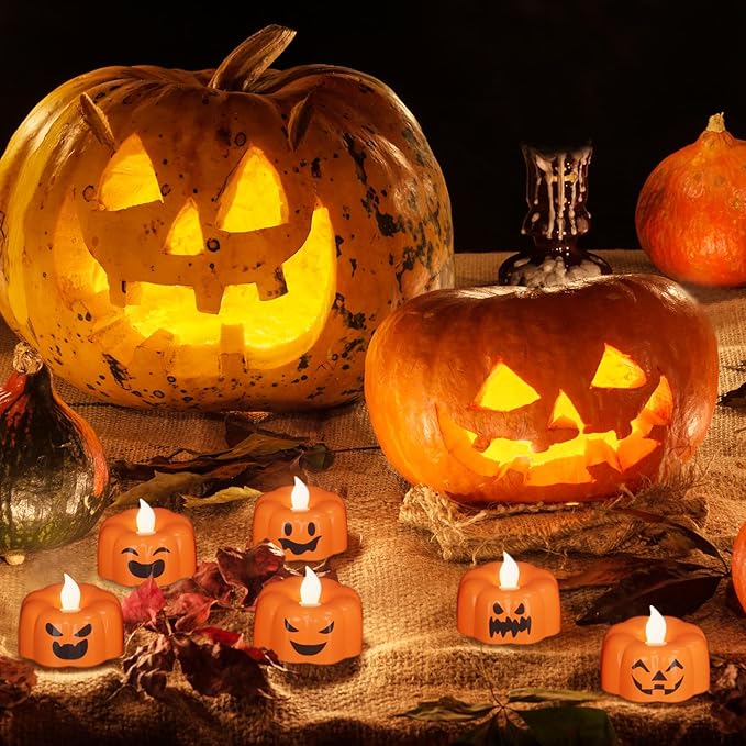 Wondise Halloween Flameless Candles, Pumpkin Battery Operated Candles with Timer, LED Flickering Votive Tealight Spooky Candles for Halloween Decorations Indoor (6 Pack, 1.9" x 1.6")