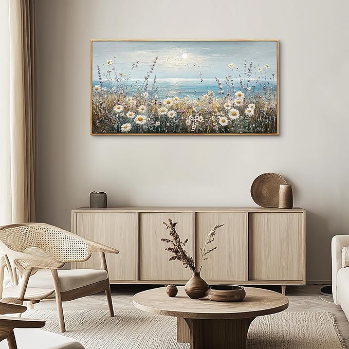 PHAOHUAXM Large Canvas Wall Decoration For Living Room Wall Art For Bedroom Office Decorations Blue Ocean Paintings Flowers Watercolour Wall Pictures Canvas Artworks Home Decor Wood Framed 24x48 In
