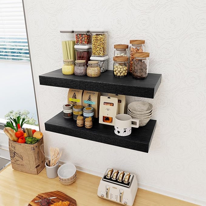 12 Inch Deep Black Floating Shelves, 24 x 12 Floating Shelf for Books, Rustic Wood Deep Wall Shelves for Home Storage & Display, 2" Thicked Shelves for Kitchen, Living Room, Bedroom, 2 Pack