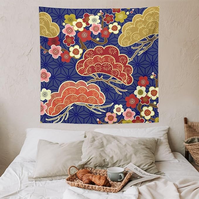 HZOHNAGO Japanese Tapestry Art Abstract Colorful Cherry Blossom Blue Background Pattern Printed Wall Tapestry Painting Wall Hanging for Bedroom Living Room Dorm 60" W x 60" H