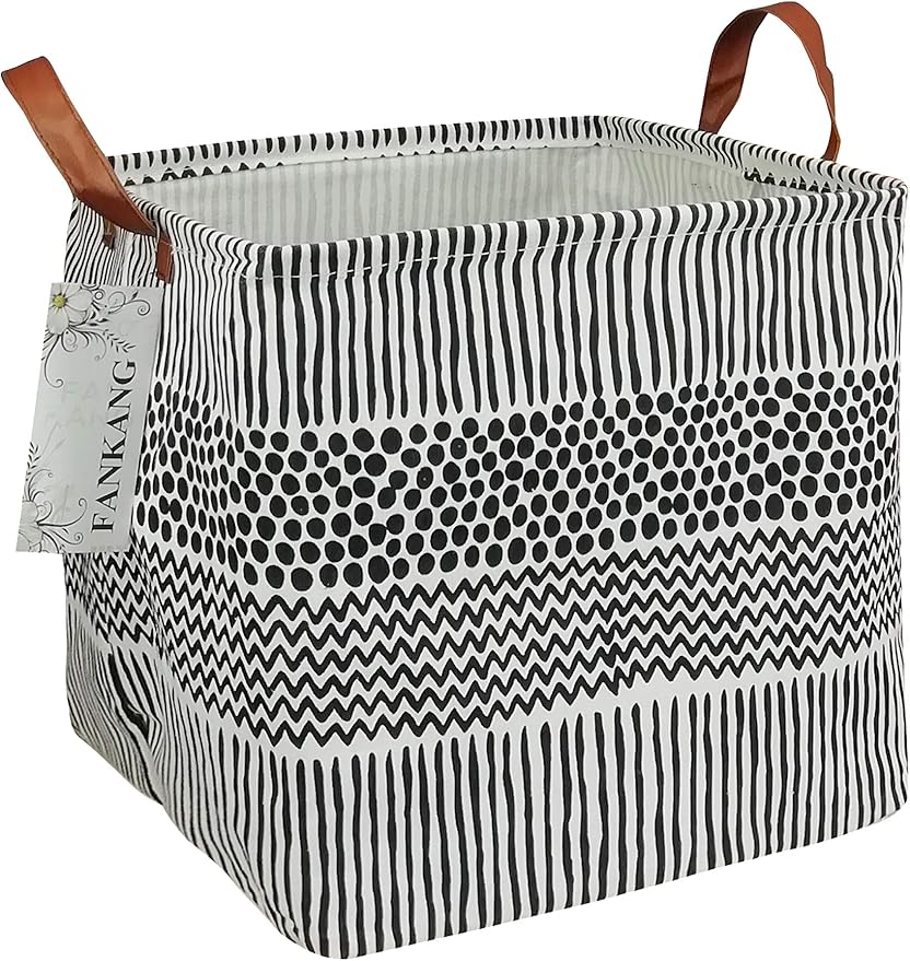 FANKANG Square Nursery Hamper Storage Bins Canvas Laundry Basket Foldable with Waterproof PE Coating Storage Baskets Gift Baskets for Children, Office, Bedroom, Clothes(Square-Black Lines )