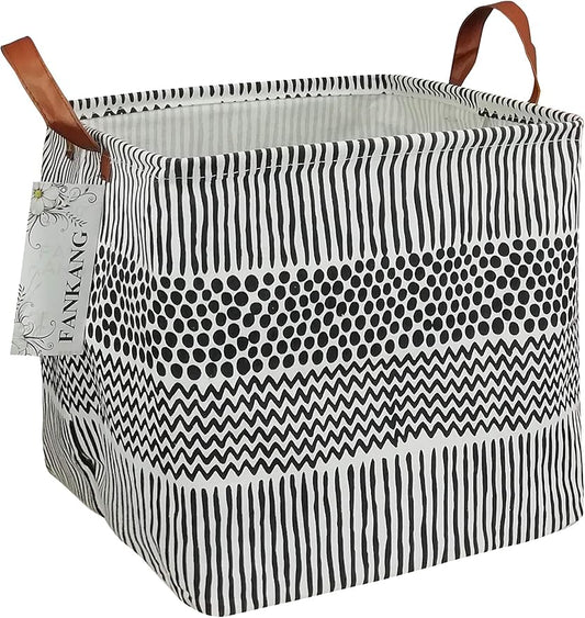 FANKANG Square Nursery Hamper Storage Bins Canvas Laundry Basket Foldable with Waterproof PE Coating Storage Baskets Gift Baskets for Children, Office, Bedroom, Clothes(Square-Black Lines )