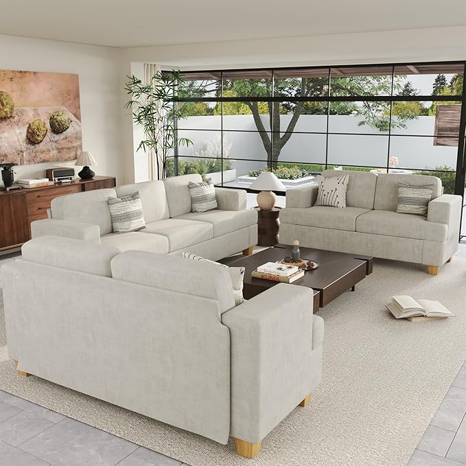 Sofa, 3 Piece Set Comfy Sofa, 2 Loveseat & 3 Seater Couch with Deep Seats for Living Room, Modern Sleeper Couch, Beige Chenille