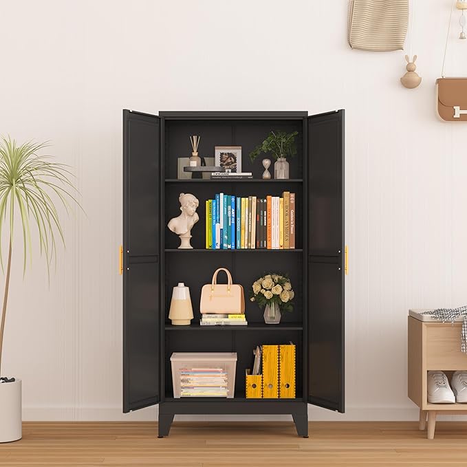 Metal Storage Cabinet With 2 Doors and 3 Adjustable Shelves, Black Kitchen Pantry for Food, Utility Cabinet for Laundry Room, Cupboard