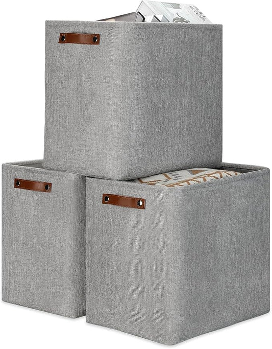 DULLEMELO Large Storage Baskets for Blankets Living Room 51L Canvas Storage Baskets for Organizing 3 Pack Collapsible Baskets Bins for Organizing Home Office with Handles (Grey)