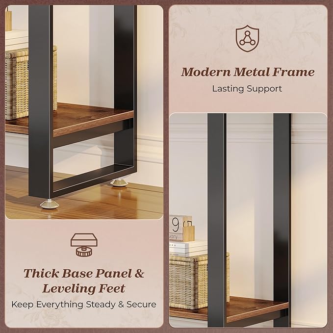 Huuger 47.2 Inch Entryway Table, 2-Tier Industrial Console Sofa Table, Accent Table with Storage, for Entry, Hallway, Entrance, Foyer, T-Shaped Metal Frame, Rustic Brown