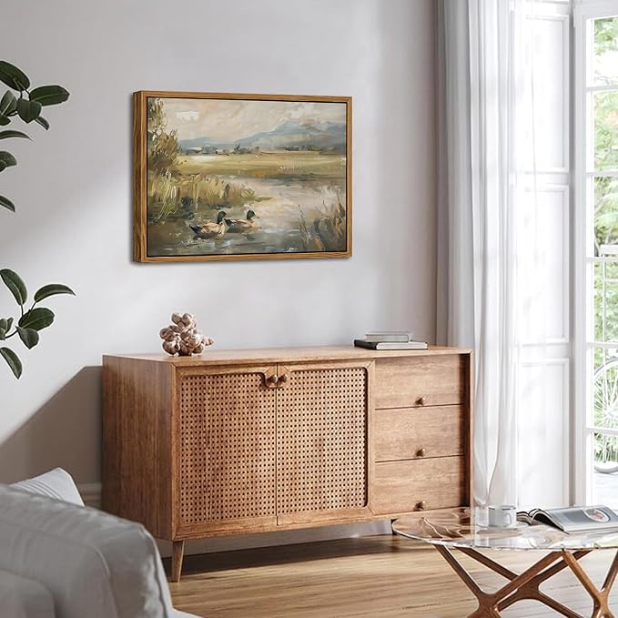 Floating Framed Canvas Wall Art, Vintage Mallard Duck Oil Paintings Print, Countryside Art Wildlife Nature Pond Wall Decor for Living Room, Bedroom, Office, Rustic Decor 12x16 inch