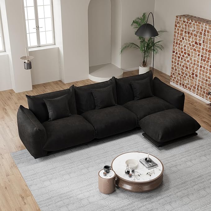 Modern Minimalist Chenille Modular Sectional Sofa, Deep-Seat 3-Seater L-Shaped Couch with Movable Ottoman and Thick Cushions, Upholstered Sofa for Living Room, Bedroom, Office, Apartment(Black L Sofa)
