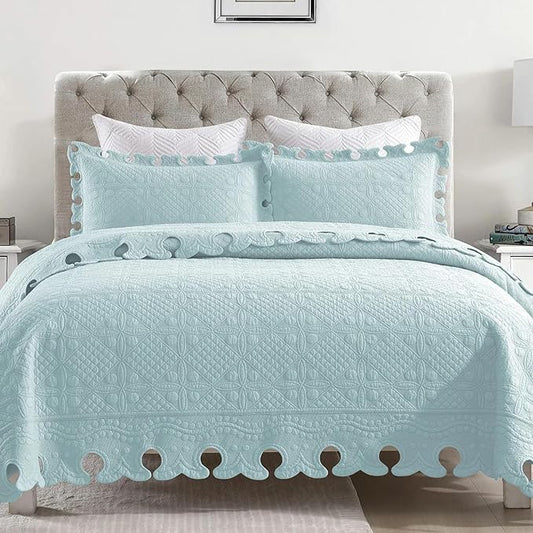 MarCielo 3-Piece 100% Cotton Oversized Bedspread Lightweight Quilt Coverlet Embroidery Farmhouse Bedding Set (TW Mint Green Blue, Oversized Queen (100"x106"))