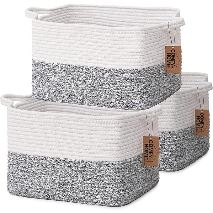 COMFY-HOMI 3-Pack Cotton Rope Woven Basket with Handles for Shelves, Book, Cloth Basket|Dog Toy Basket for Organizingy|13.5" x 11" x 9.5" for Bedroom(White/Grey)